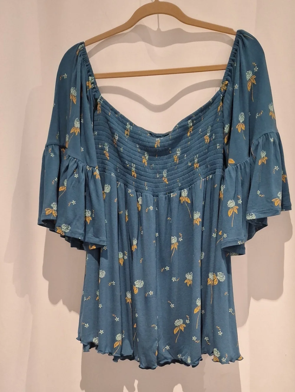 Free People Off-Shoulder Floral Peasant Boho Top - Teal